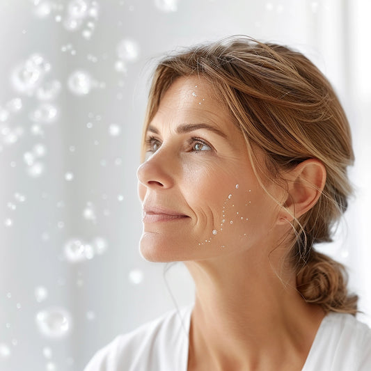 Mujer feliz de perfil mirando hacia arriba
